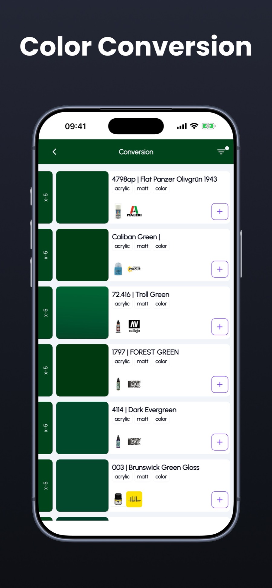 Color conversion screen listing equivalent green paints across brands